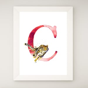 Chita em aquarela, monograma de animal, alfabeto, letra C, download para impressão, impressão de arte inicial, arte de parede com nome de menino e menina, decoração de berçário, ABCs