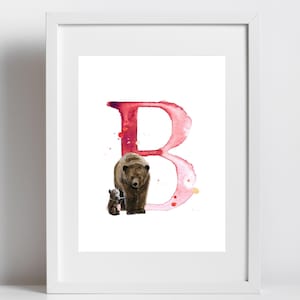 Urso aquarela, monograma animal, alfabeto, letra B, download para impressão, impressão artística inicial, arte de parede com nome de menino e menina, decoração de berçário, ABCs