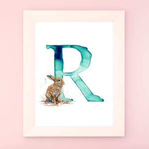 Carta em aquarela, impressão de coelho, arte do alfabeto, letra R, download para impressão, impressão de arte inicial, arte de parede com nome, decoração de berçário, impressão de Páscoa