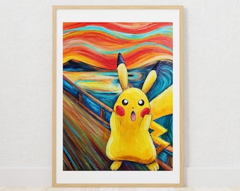 Pikachu 'The Scream' Parody Art Print, Anime Fan Art