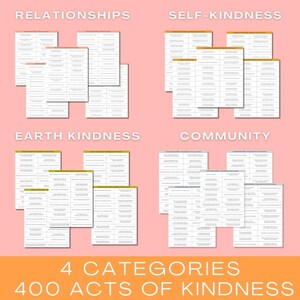 May include: Four categories of 400 acts of kindness, with each category represented by a grid of prompts. The categories are: Relationships, Self-Kindness, Earth Kindness, and Community.