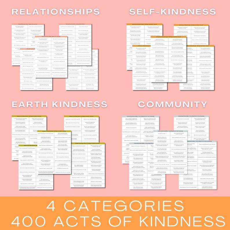 May include: Four categories of 400 acts of kindness, with each category represented by a grid of prompts. The categories are: Relationships, Self-Kindness, Earth Kindness, and Community.