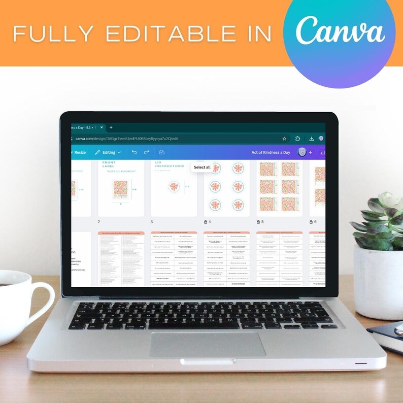 May include: A laptop computer displaying a Canva design template for a printable "Acts of Kindness a Day" chart. The template features a pink and white floral design and includes a list of kind actions to perform each day. The design is fully editable in Canva.