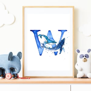 Monograma de animal de baleia em aquarela, alfabeto, letra W, download para impressão, impressão de arte inicial, arte de parede com nome de menino e menina, decoração de berçário, A-Z ABCs