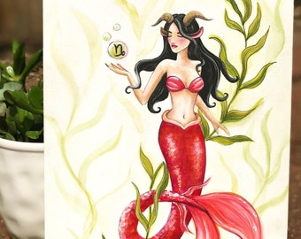 Acuarela Sirena Cabra Marina Capricornio Zodiaco Pintura Decoración