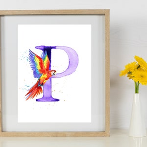 Monograma de animal em aquarela, pinguim, papagaio, panda, alfabeto, letra P, download para impressão, arte de parede com nome de menino e menina, decoração de berçário, ABCs de A a Z