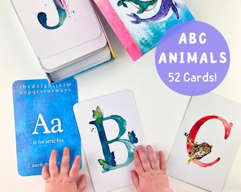 Tarjetas didácticas del alfabeto animal, ABC en acuarela, 52 tarjetas