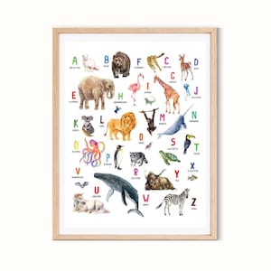 Alphabet Print, Tieralphabet, Kinderzimmer Dekor, Safari Kunst, Lernposter, Kinderzimmer Dekor, Spielzimmer Wanddekor, Haus Schule Dekor