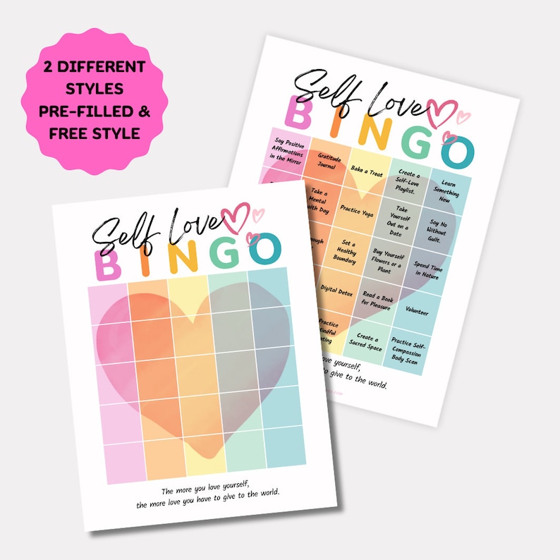 K&ouml;nnte beinhalten: Eine druckbare Selbstliebe-Bingo-Karte mit einem Regenbogenherz in der Mitte. Die Karte hat 25 Felder mit Aktivit&auml;ten zur F&ouml;rderung der Selbstpflege, wie z. B. einen Tag f&uuml;r die psychische Gesundheit einzuplanen, gesunde Grenzen zu setzen und Selbstmitgef&uuml;hl zu &uuml;ben. Der Text "Self Love Bingo" steht oben auf der Karte.