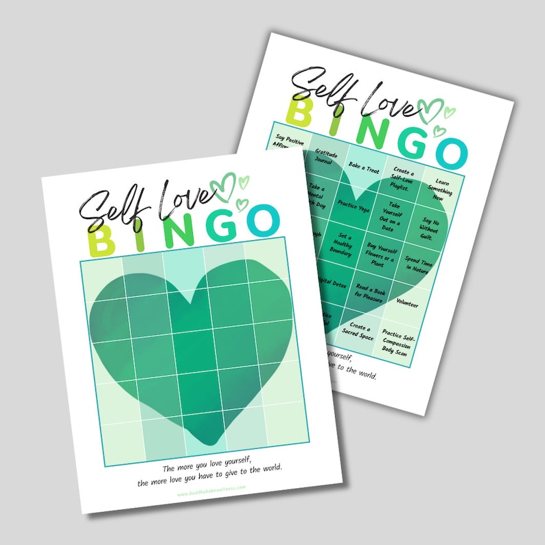K&ouml;nnte beinhalten: Eine druckbare Bingo-Karte zum Thema Selbstliebe mit einem gr&uuml;nen Herzen in der Mitte. Die Karte hat ein Raster mit Feldern, in denen verschiedene Selbstpflege-Aktivit&auml;ten aufgelistet sind. Der Text "Self Love Bingo" steht oben auf der Karte.