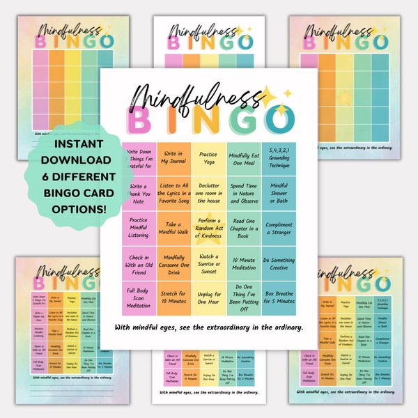 Mindfulness Bingo Cards, Self Improvement Printables, Mindfulness Cards, Mindfulness Worksheets, Self Care Activity, Mindfulness Poster
