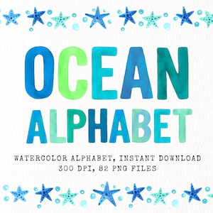 Alfabeto PNG em Aquarela, Alfabeto do Oceano, Clipart do Alfabeto, PNG do Alfabeto, Letras do Alfabeto, Alfabeto para Impressão, Letras Azuis, Fonte PNG