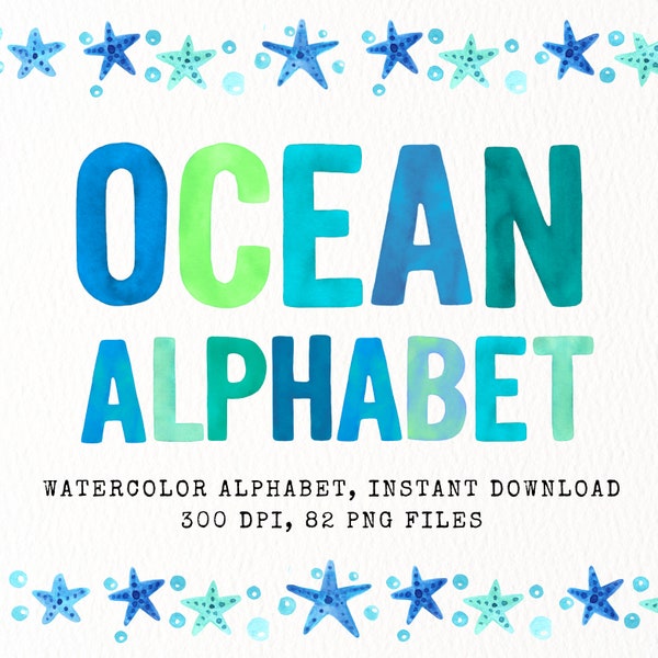 Watercolor Alphabet PNG, Ocean Alphabet, Alphabet Clipart, Alphabet PNG, Alphabet Letters, Alphabet Printable, Blue Letters,Font PNG