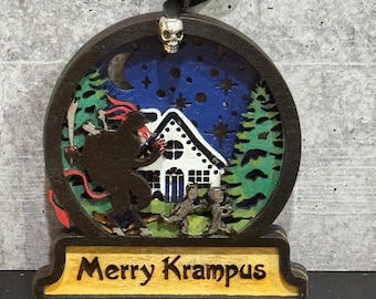Krampus Ornament: Gothic Christmas Wood Decor with Skull Ribbon