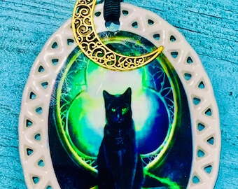 Black Cat Ceramic Ornament: Gothic Moon, Witchy Gift, Halloween Decor