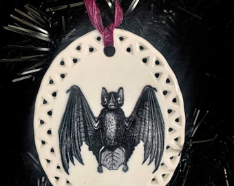 Bat Ceramic Ornament, Gothic Christmas Ornaments, Creepy Gift, Halloween Ornament, Unique Gift, Gift For, unique ornament, Halloween Tree