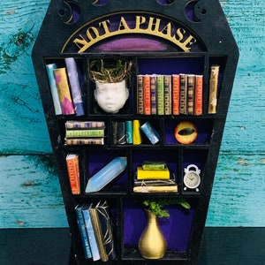 May include: A black coffin-shaped shelf with the words "Not a Phase" in gold lettering. The shelf has multiple compartments filled with books, crystals, a small plant, a vase, and a clock.