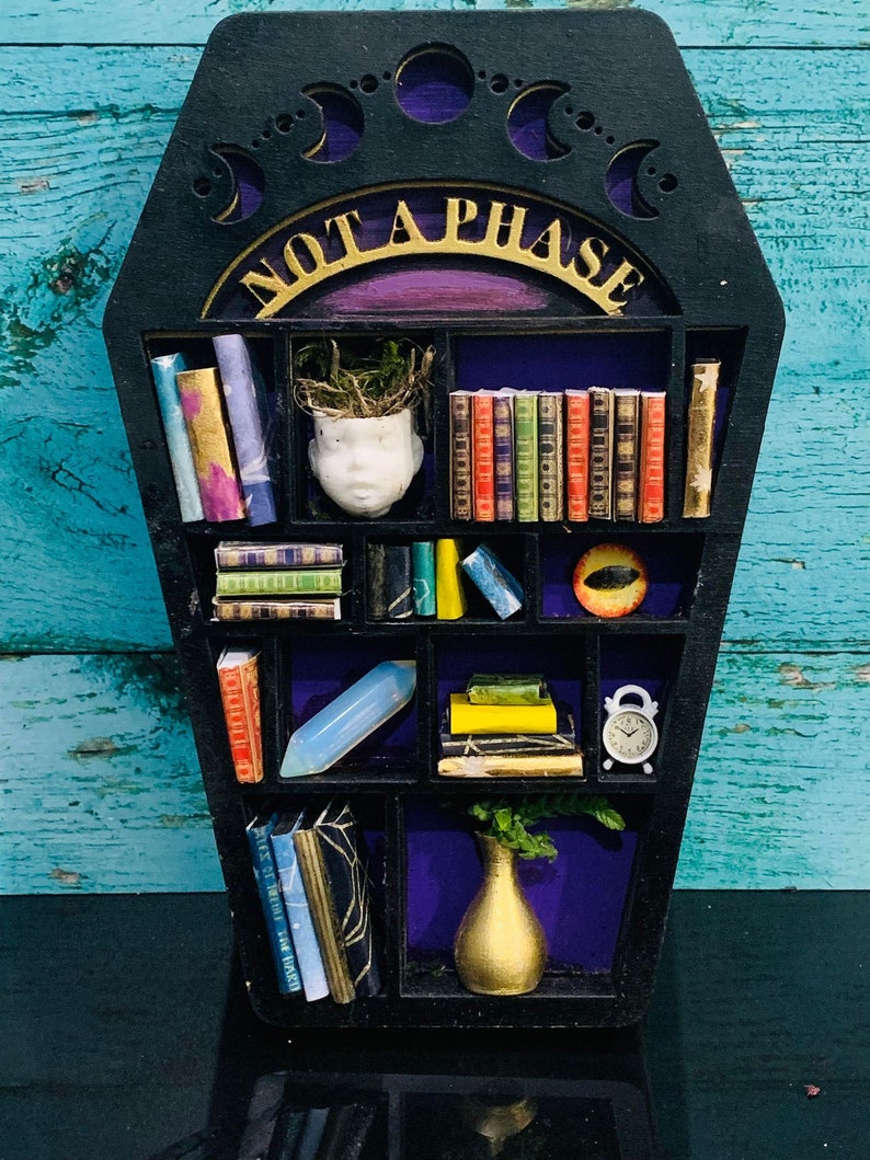 May include: A black coffin-shaped shelf with the words "Not a Phase" in gold lettering. The shelf has multiple compartments filled with books, crystals, a small plant, a vase, and a clock.