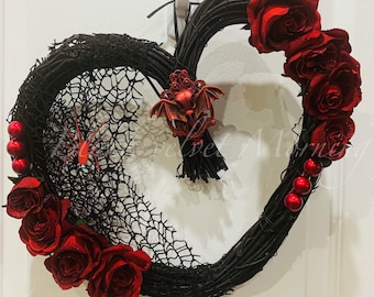 Gothic Floral Heart Wreath, Valentine’s Day Decor, Spider Web, Bat Wreath, Valentines Day Gift for her, Goth Decor Gift, Grapevine Wreath