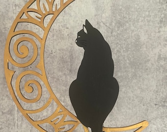 Moon Black Cat Tree Topper, Witchy Holiday Decor, Yuletide Tree Top, Witchy, gift for her, Moon Christmas Decor, Cat Decor, Halloween Tree