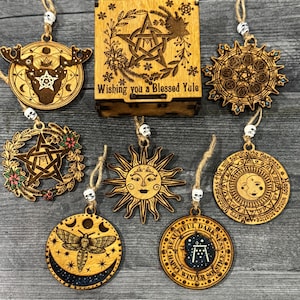 Wishing You A Blessed Yule 7 Piece Ornament set. With Matching Storage Box. Winter Solstice, Pagan Ornaments Set, Yule Gift , Magical Gift,
