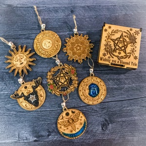 Wishing You A Blessed Yule 7 Piece Ornament set. With keepsake Box, Pagan Ornaments Set, Yuletide Gift, Magical Gift, white Elephant gift