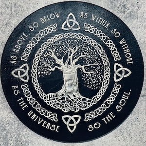 Tree of Life Wall Plaque – 12” Celtic Round Sign – “As Above So Below” Quote – Spiritual Pagan Decor – Wiccan Gift – Wooden Wall Art