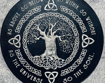 Tree of Life Wall Plaque – 12” Celtic Round Sign – “As Above So Below” Quote – Spiritual Pagan Decor – Wiccan Gift – Wooden Wall Art