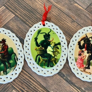 Krampus Ornaments – Gothic Christmas Decor, Creepy Holiday Gift, Dark Folklore Decorations, Retro Victorian Krampusnacht Ornament, Moody Set of 3