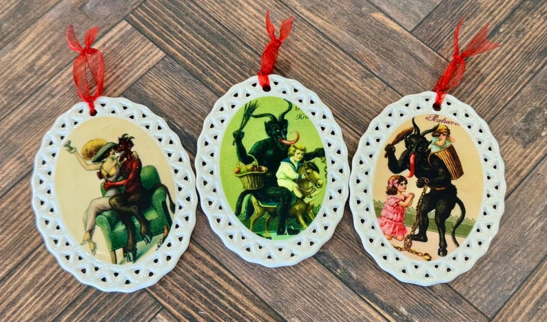 Krampus Ornaments – Gothic Christmas Decor, Creepy Holiday Gift, Dark Folklore Decorations, Retro Victorian Krampusnacht Ornament, Moody Set of 3