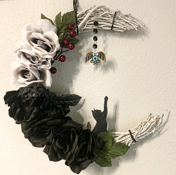 Crescent Moon Wreath, Cat Silhouette, Dragon, Grapevine, Floral Wreath, Unique Mother's Day Gift, Cat Wreath, Gothic Mother's Day Gift, Goth
