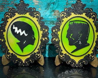 Decoración con siluetas de Frankenstein y su novia: pareja gótica victoriana, regalo grabado