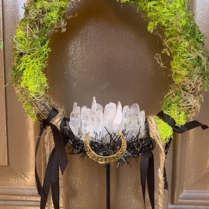 Witch&#39;s Wreath, Witch&#39;s Protection Bells, Moss Wreath, Crystal Wreath, Moon Wall Art, Door Protection, Witchy Decor, Witch Gifts, Boho Decor