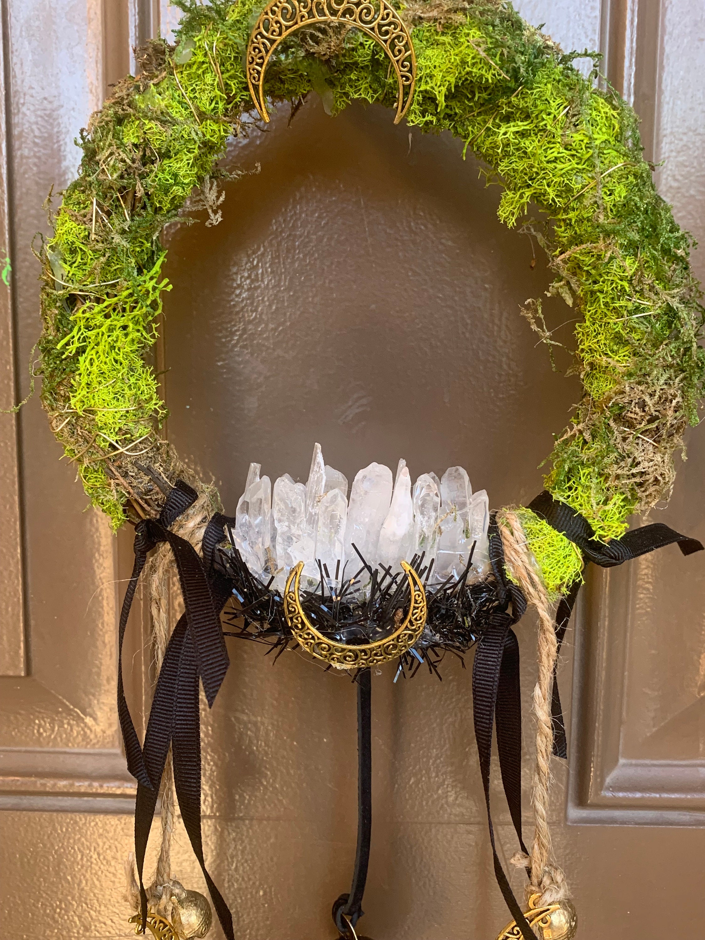 Witch's Wreath, Witch's Protection Bells, Moss Wreath, Crystal