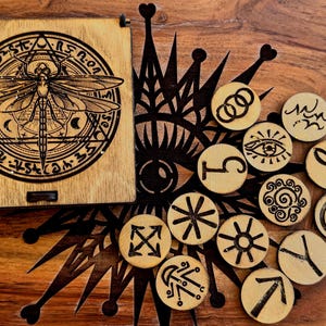 Dragonfly Runes Box Set, Witchcraft, Divination Tools, Wood Witch Runes, Gift For Her, Mystical Gift Set, Pagan Gifts, Wiccan Gift, Guidance