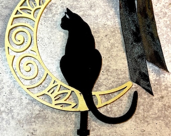 Moon Black Cat Tree Topper, Witchy Holiday Decor, Yuletide Tree Top, Witchy, gift for her, Moon Christmas Decor, Cat Decor, Halloween Tree