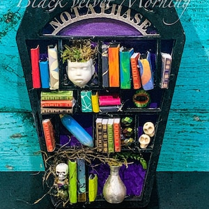 May include: A black coffin-shaped bookshelf with the words "Black Velvet Morning" and "No Ta Phase" on the front. The shelves are filled with miniature books, a small skull, a vase, and a small ceramic head with moss.
