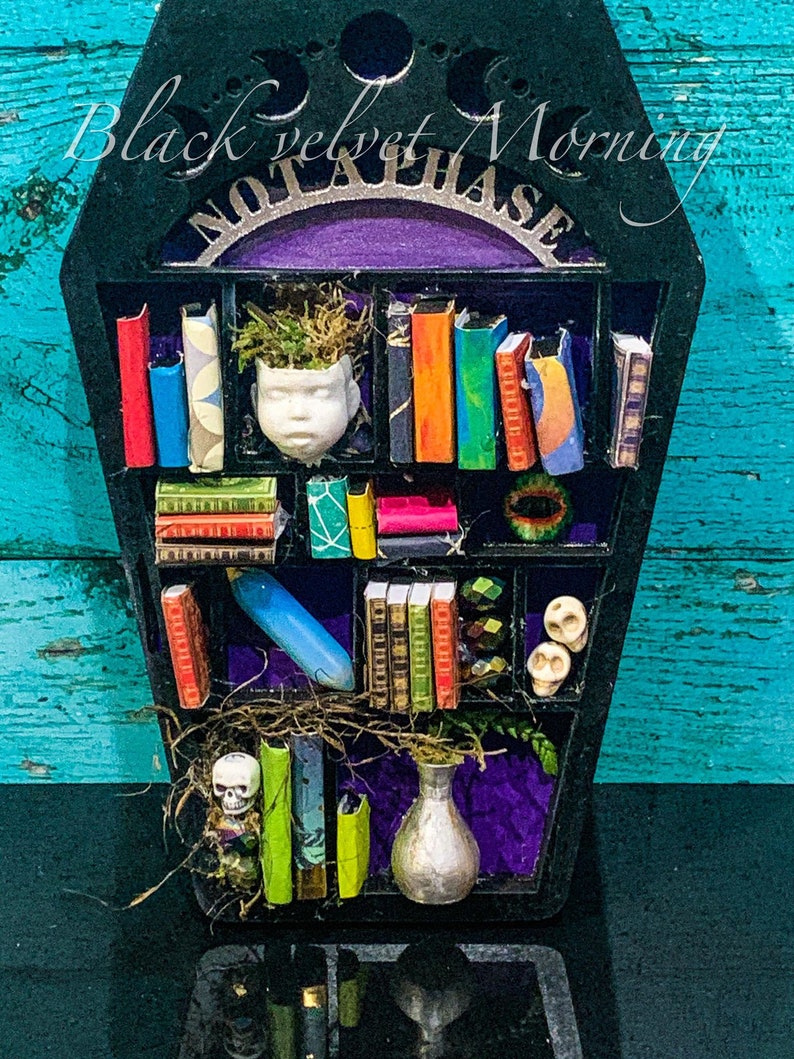May include: A black coffin-shaped bookshelf with the words "Black Velvet Morning" and "No Ta Phase" on the front. The shelves are filled with miniature books, a small skull, a vase, and a small ceramic head with moss.