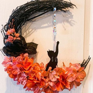 Crescent Moon Wreath, Black Cat Wreath, Magical Decor, Moon Decor, Floral Wreath, Unique Mother's Day Gift, Witchy Gifts, Witchy Decor