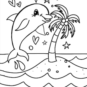 Puede incluir: Un dibujo en blanco y negro de un delf&iacute;n de dibujos animados saltando fuera del agua hacia una palmera en una peque&ntilde;a isla. El delf&iacute;n tiene una expresi&oacute;n feliz y est&aacute; rodeado de corazones y estrellas.