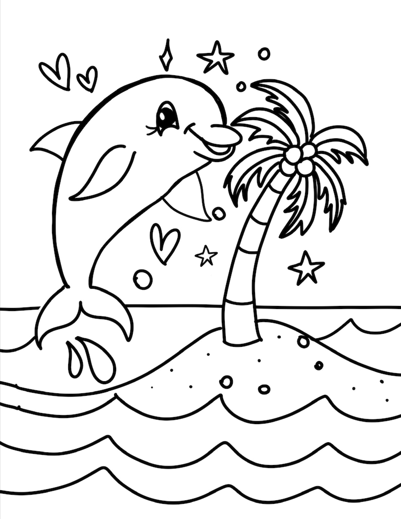 Puede incluir: Un dibujo en blanco y negro de un delf&iacute;n de dibujos animados saltando fuera del agua hacia una palmera en una peque&ntilde;a isla. El delf&iacute;n tiene una expresi&oacute;n feliz y est&aacute; rodeado de corazones y estrellas.