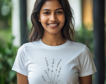 Camiseta minimalista con estampado lineal de lavanda – Diseño botánico