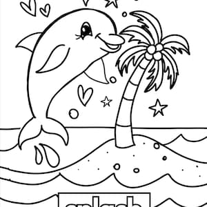 Puede incluir: Un dibujo en blanco y negro de un delf&iacute;n saltando fuera del agua cerca de una palmera en una peque&ntilde;a isla. La palabra "splash" est&aacute; escrita debajo de la imagen.