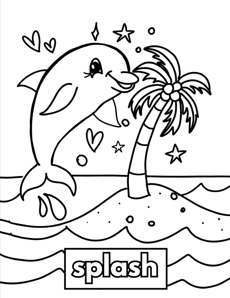 Puede incluir: Un dibujo en blanco y negro de un delf&iacute;n saltando fuera del agua cerca de una palmera en una peque&ntilde;a isla. La palabra "splash" est&aacute; escrita debajo de la imagen.