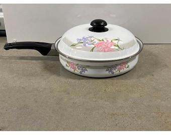 Sartén esmaltada de 25 cm (10 pulgadas) - Vintage de los años 80, GMI Japón - Orquídeas, lirios - Con tapa