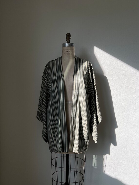 Antique Beige & Greenish Gray Striped Silk Haori - image 2