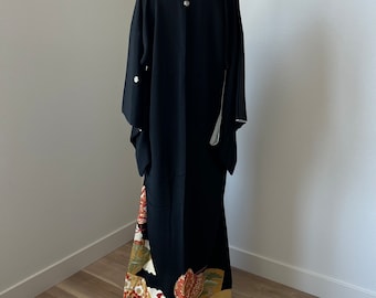 Antique Black Silk Kimono | Embroidered Kurotomesode