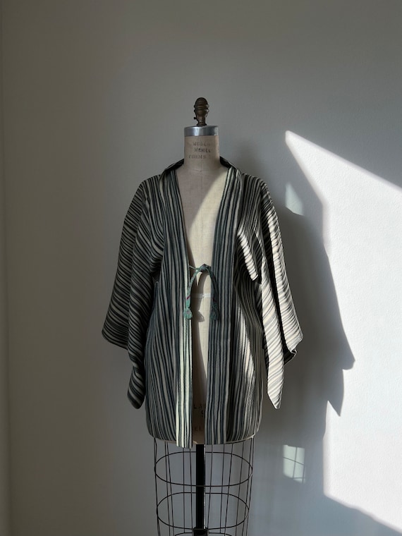 Antique Beige & Greenish Gray Striped Silk Haori - image 1