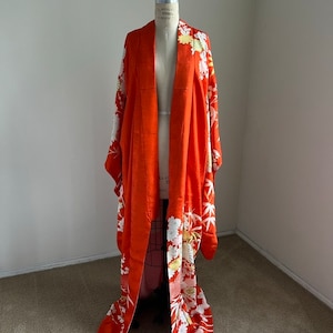 Vintage Orange Kimono, Antique Kimono Robe, Orange Wedding Kimono