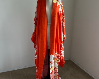 Antique Kimono Robe Silk Orange Wedding Kimono Robe Embroidery Japanese Kimono Lover Gift